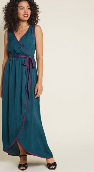 MODCLOTH FAUX WRAP GATHERED V NECK MAXI DRESS - Picture 2 of 4